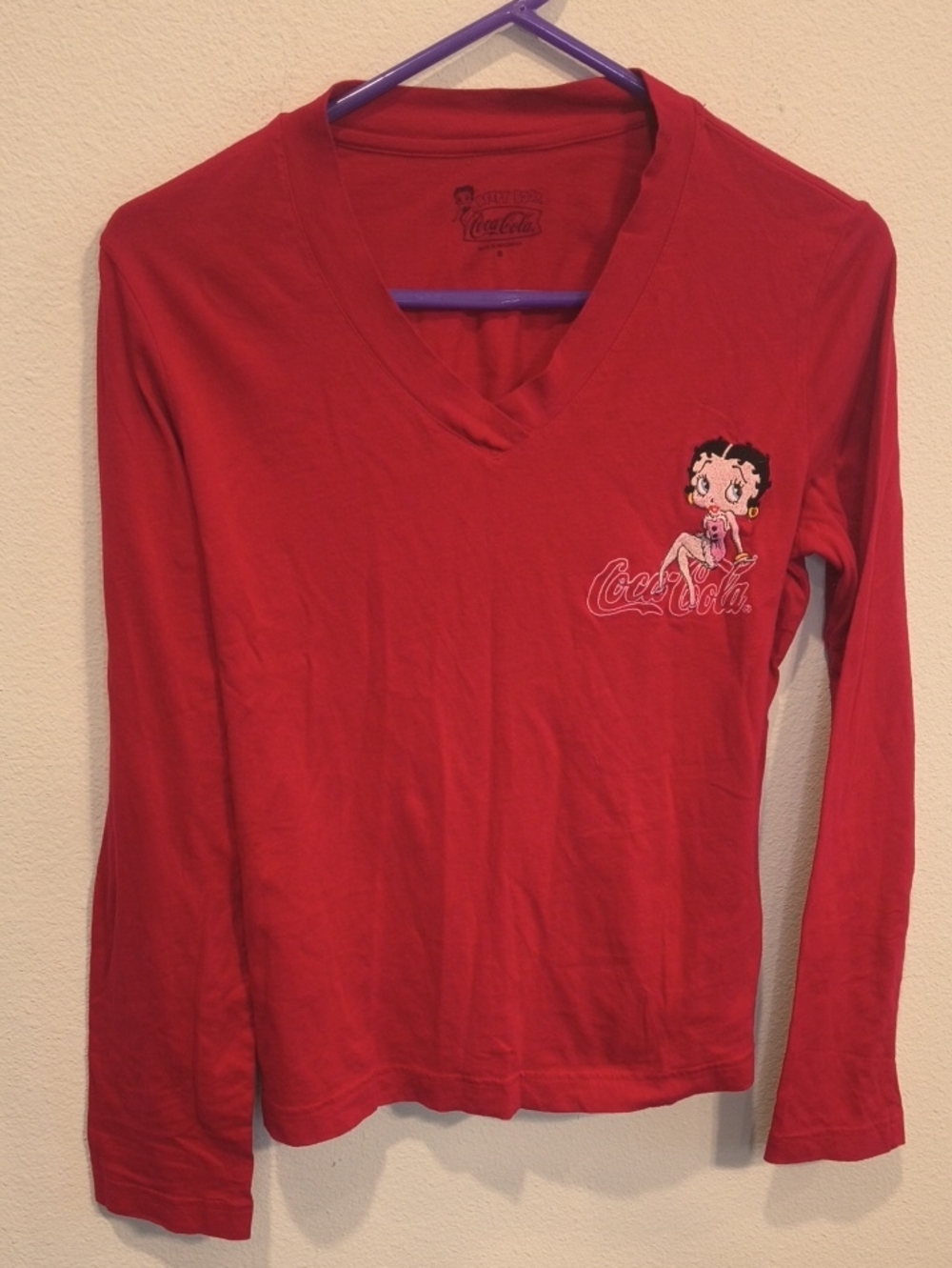 Ladies Coca Cola Red V-Neck Long Sleeve Tee with Betty Boop Chest Graphic Small